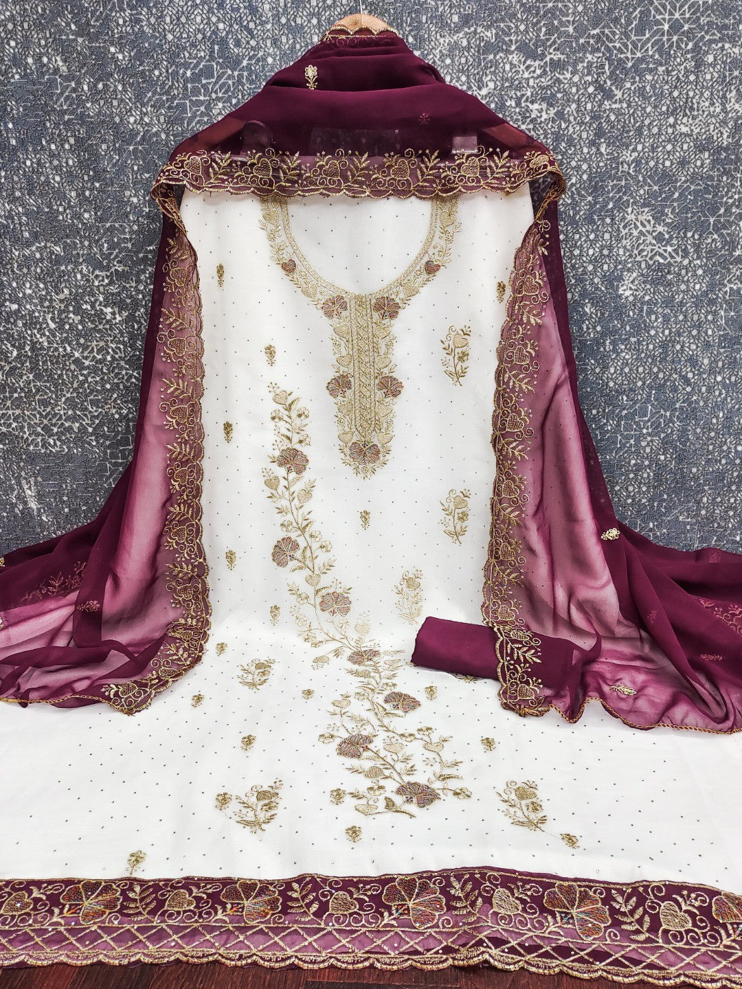 Beautiful White & Wine Floral Embroidery With Sparkling Diamond Work Georgette Dress Material - Image 4