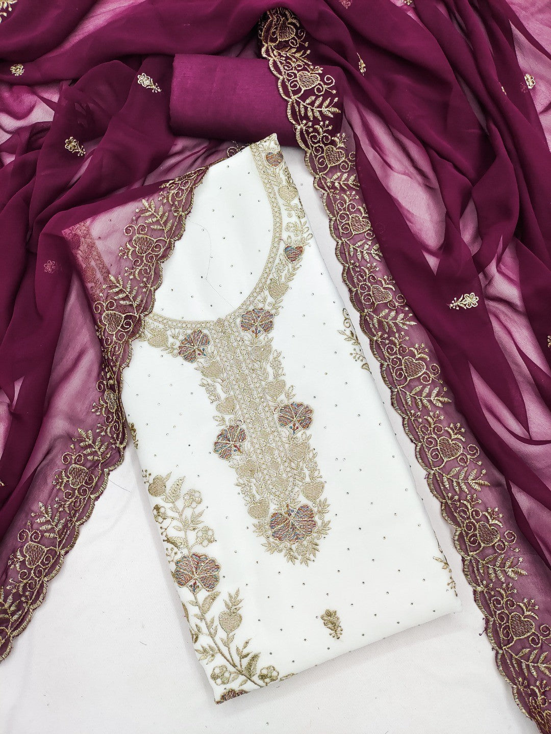 Beautiful White & Wine Floral Embroidery With Sparkling Diamond Work Georgette Dress Material - Image 3