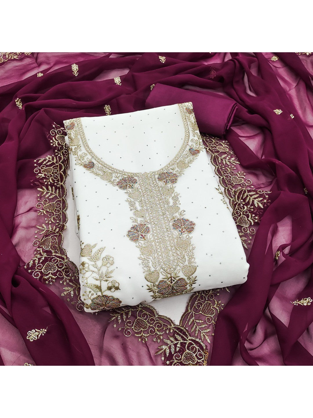 Beautiful White & Wine Floral Embroidery With Sparkling Diamond Work Georgette Dress Material - Image 1