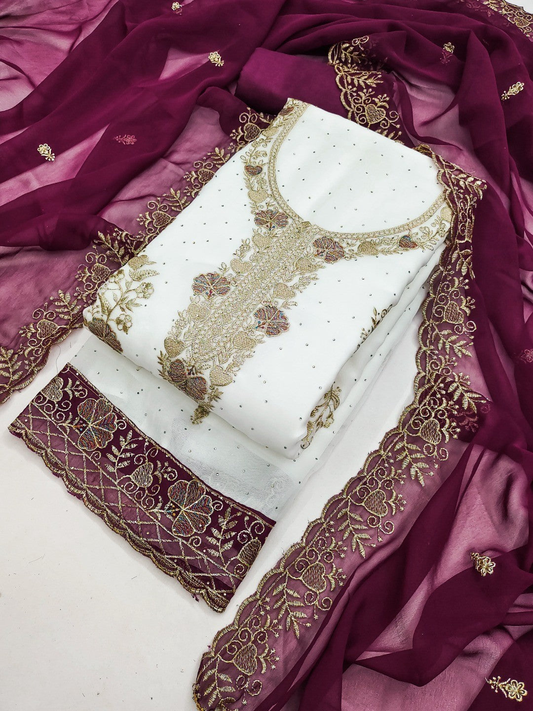 Beautiful White & Wine Floral Embroidery With Sparkling Diamond Work Georgette Dress Material - Image 5