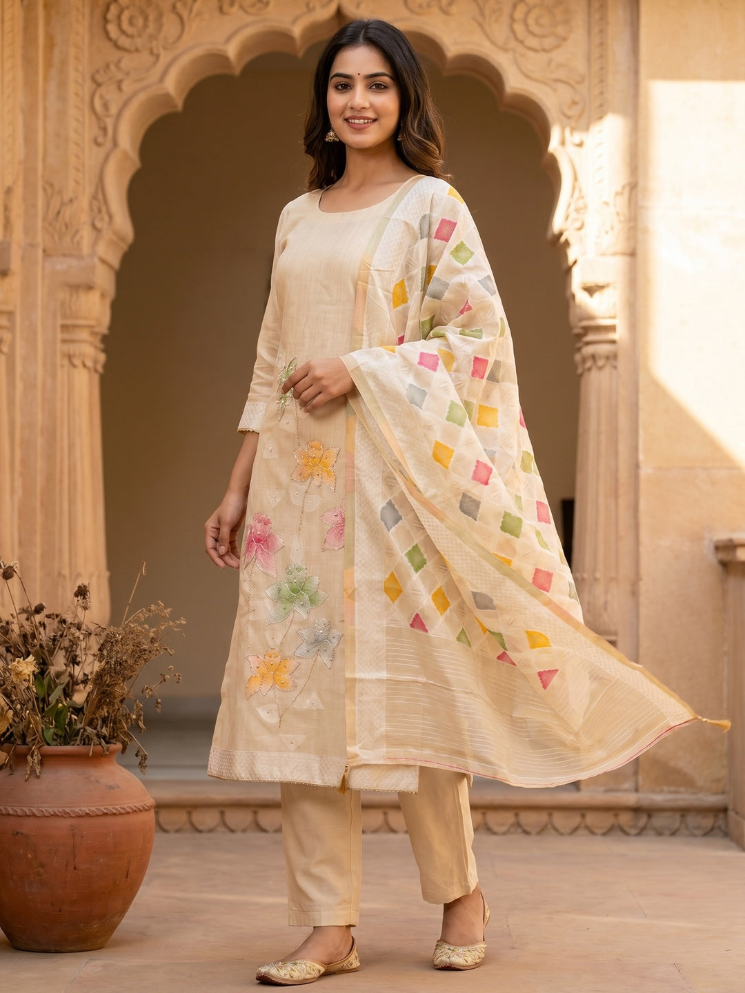 Cream Floral Brasso Dress Material with Matching Dupatta - Image 2