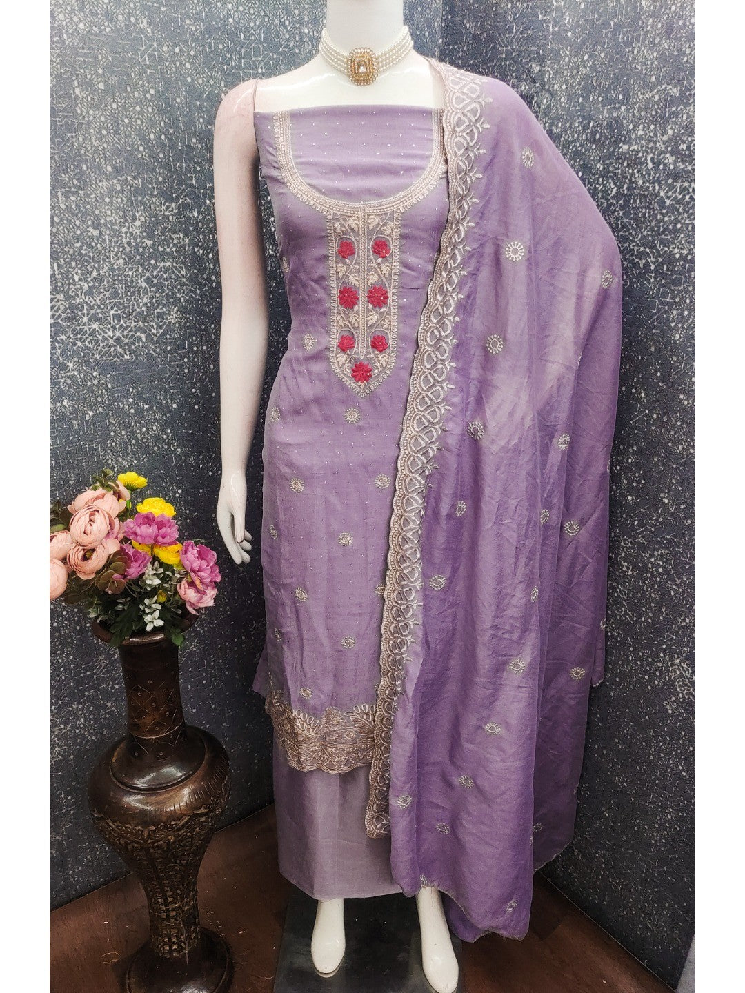 Charming Lavender Floral Embroidery With Sparkling Diamond Work Vichitra Silk Dress Material - Image 5
