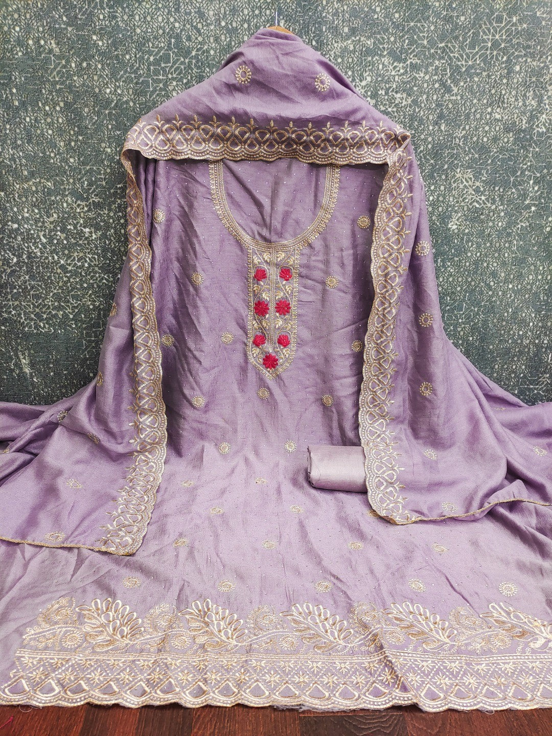 Charming Lavender Floral Embroidery With Sparkling Diamond Work Vichitra Silk Dress Material - Image 6