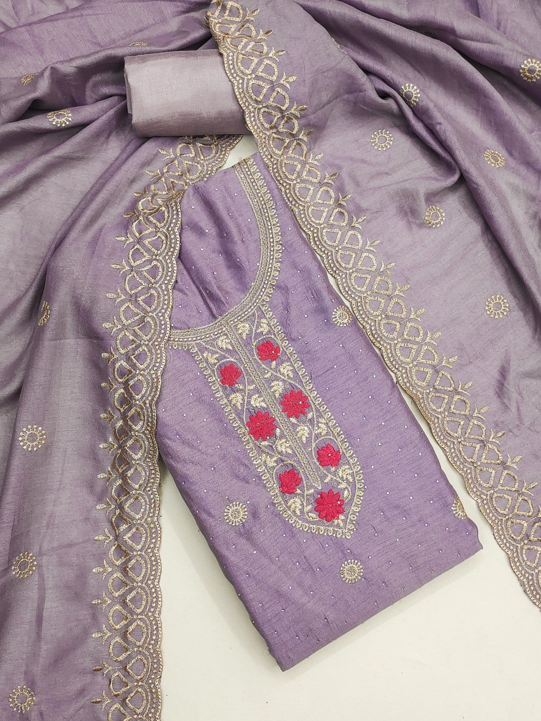 Charming Lavender Floral Embroidery With Sparkling Diamond Work Vichitra Silk Dress Material - Image 3