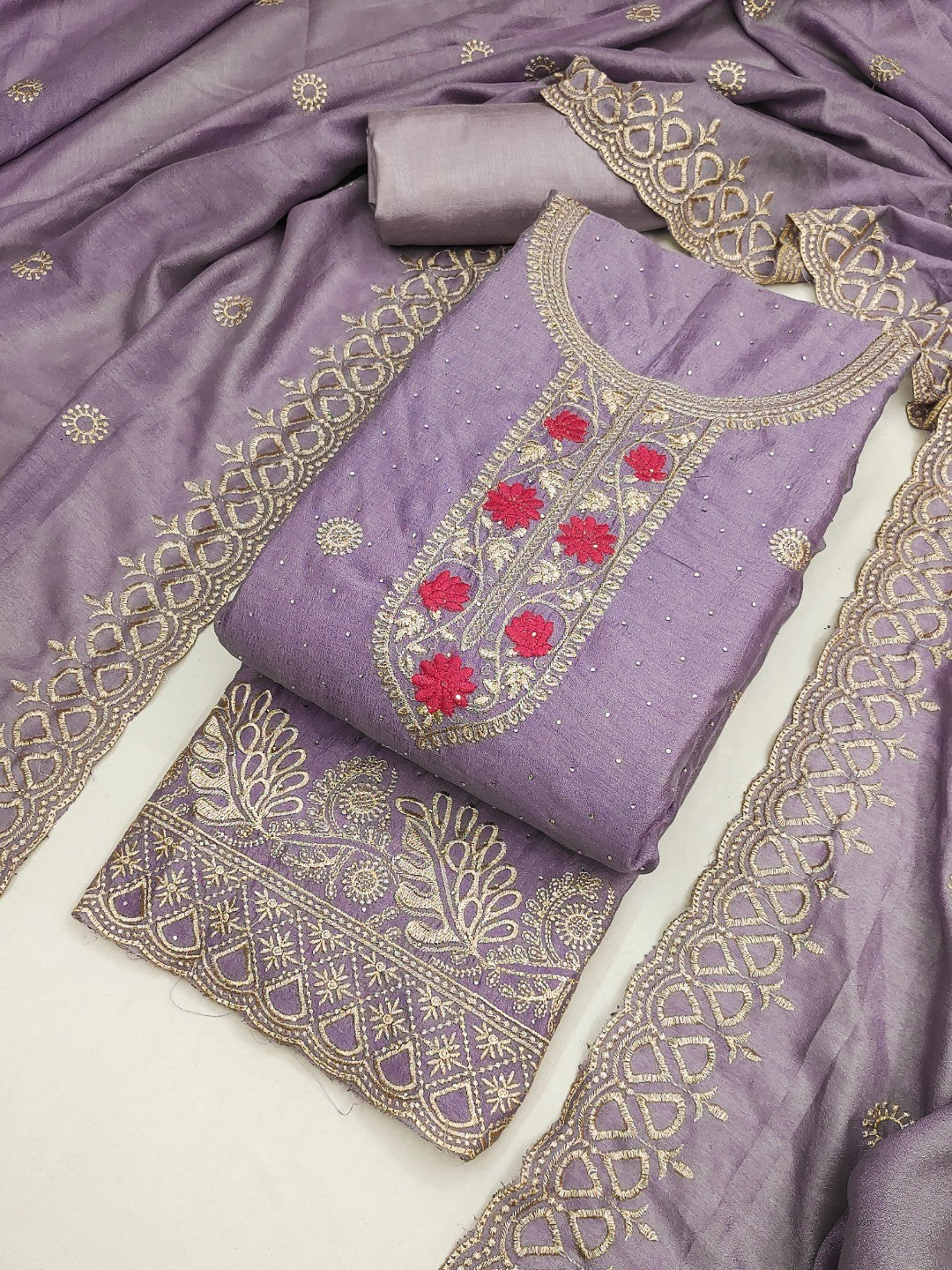 Charming Lavender Floral Embroidery With Sparkling Diamond Work Vichitra Silk Dress Material - Image 1