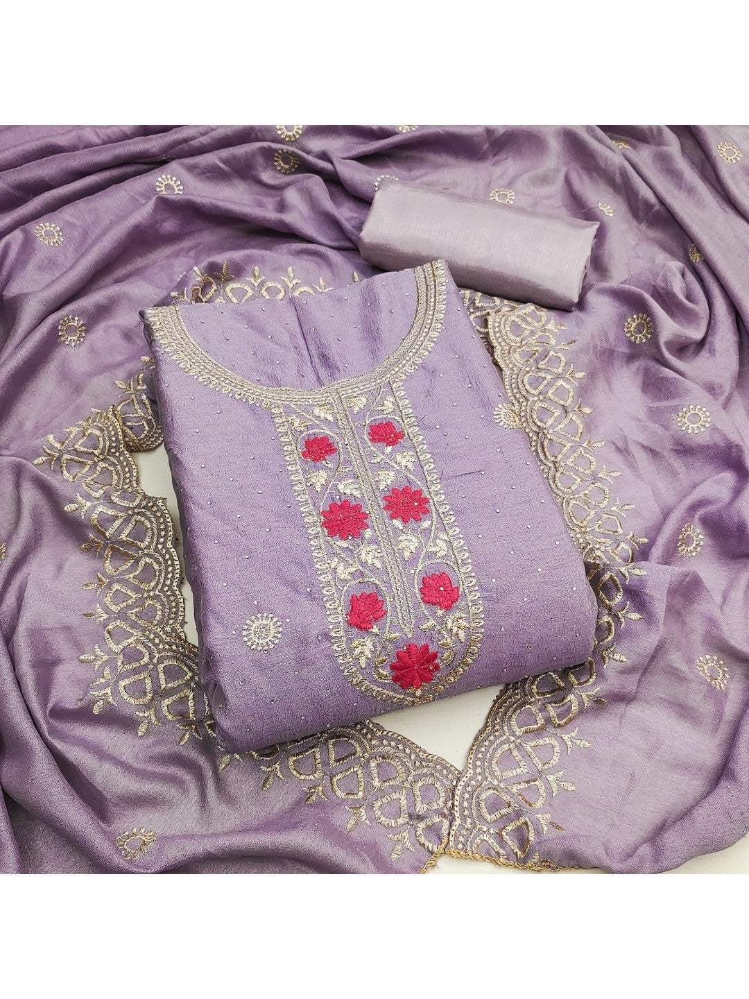Charming Lavender Floral Embroidery With Sparkling Diamond Work Vichitra Silk Dress Material - Image 4