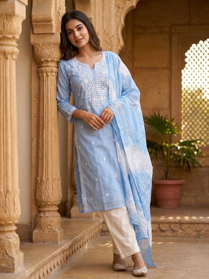 Elegant Blue Chanderi Cotton Chikankari Dress Material With Dupatta - Image 2