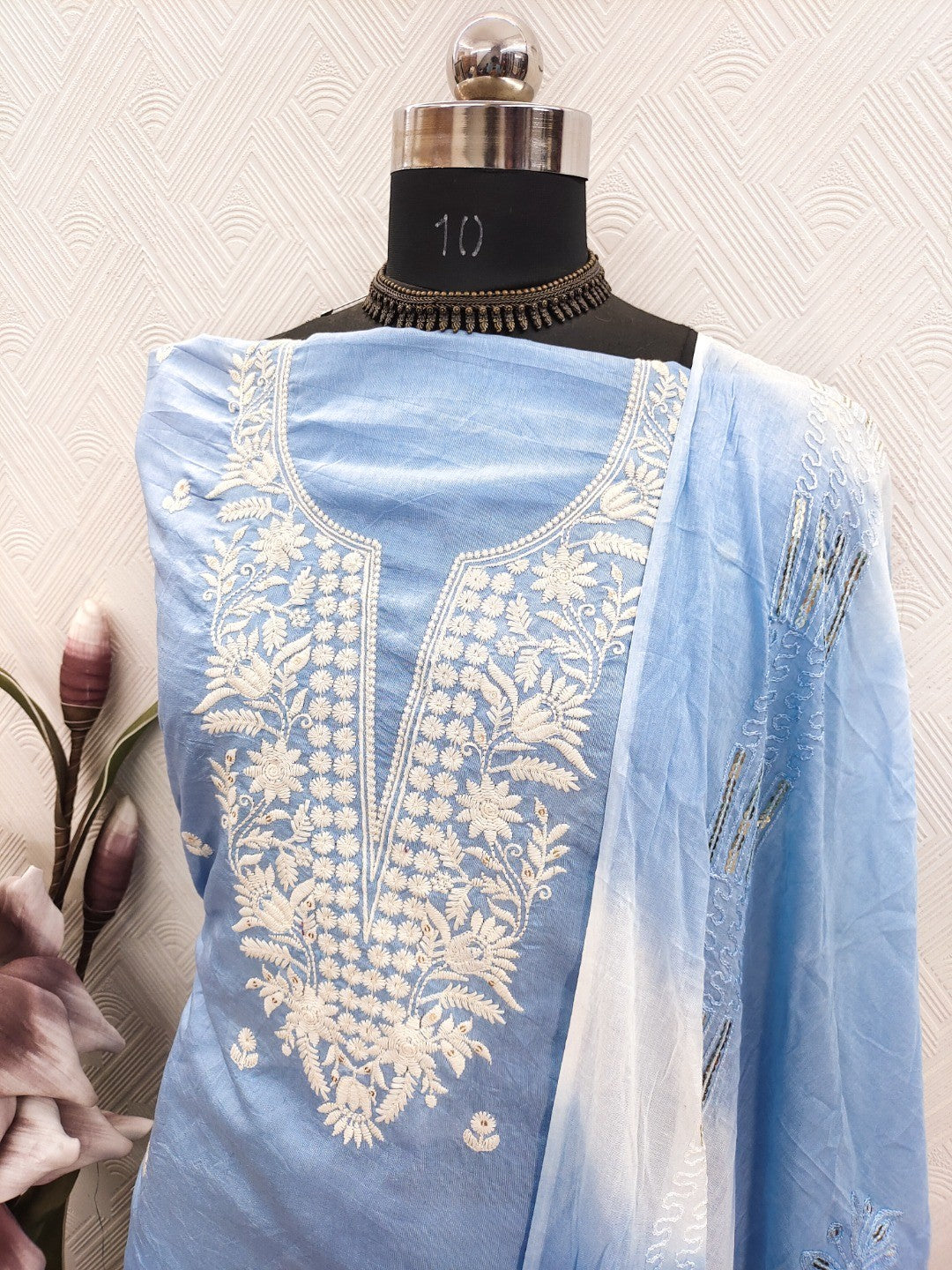 Elegant Blue Chanderi Cotton Chikankari Dress Material With Dupatta - Image 3
