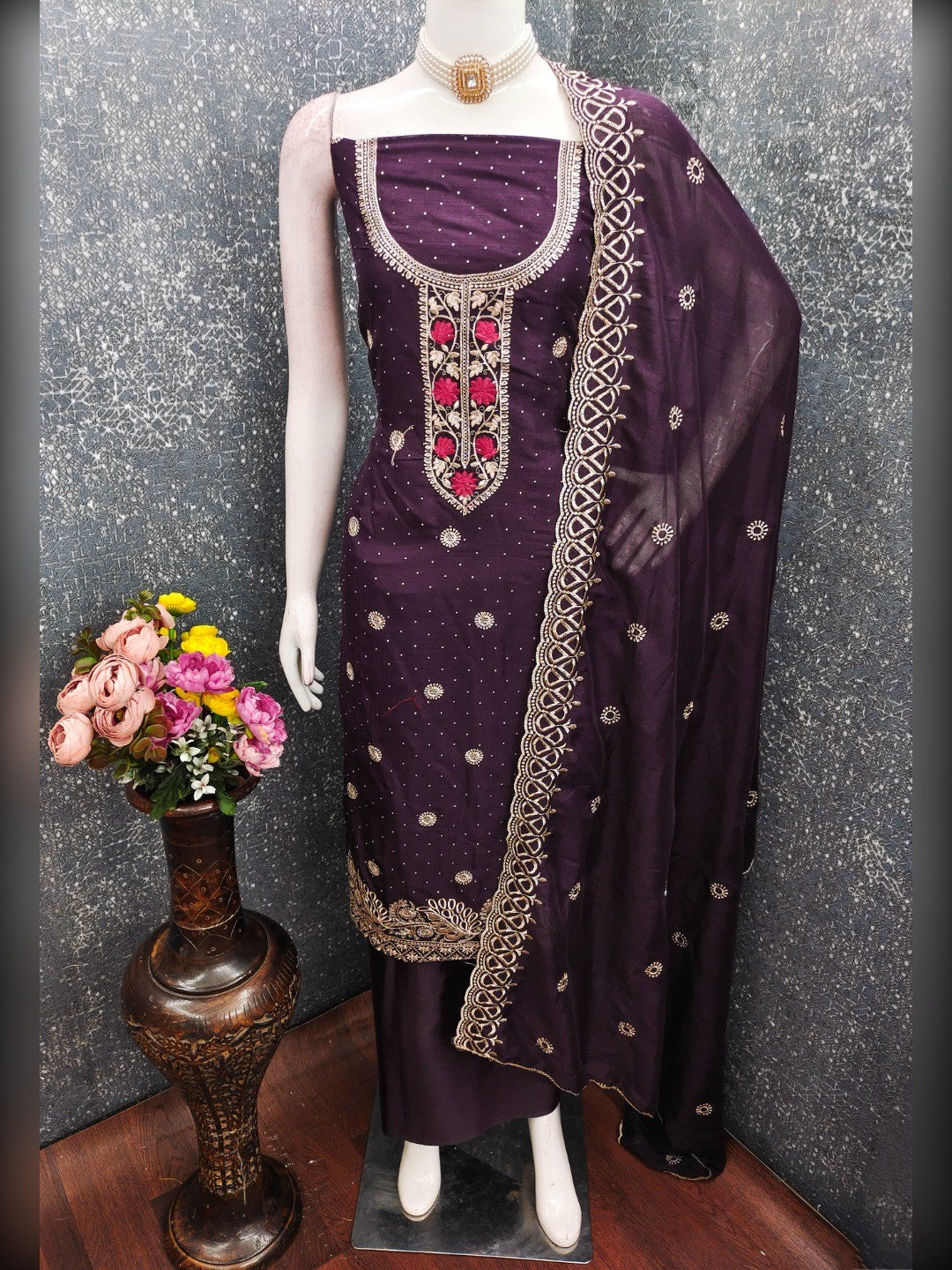 Charming Purple Floral Embroidery With Sparkling Diamond Work Vichitra Silk Dress Material - Image 3