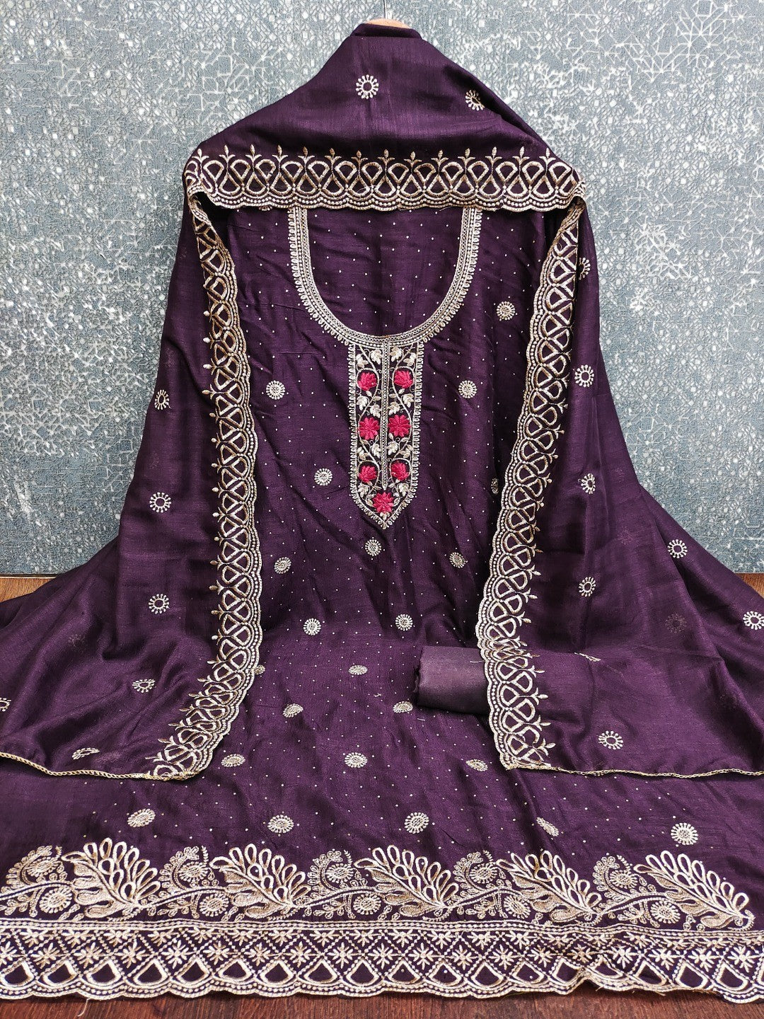Charming Purple Floral Embroidery With Sparkling Diamond Work Vichitra Silk Dress Material - Image 4