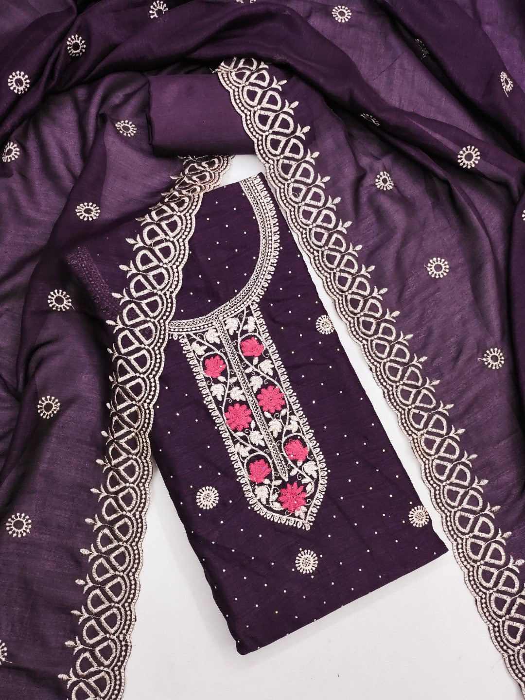 Charming Purple Floral Embroidery With Sparkling Diamond Work Vichitra Silk Dress Material - Image 6