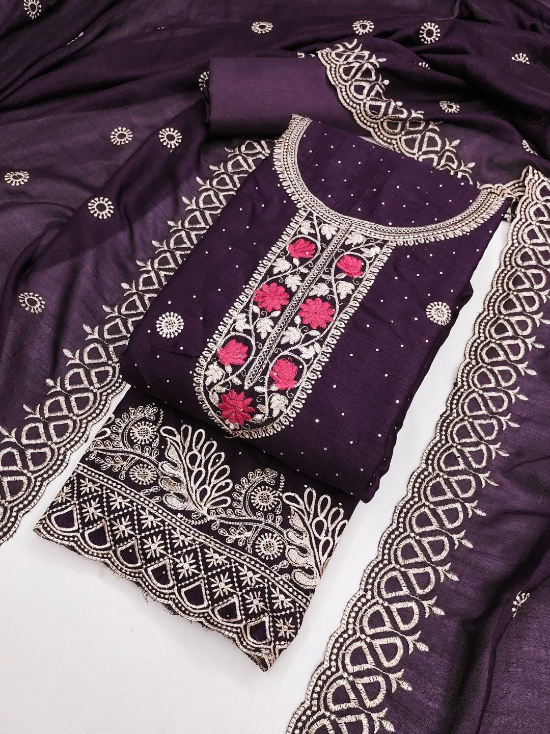 Charming Purple Floral Embroidery With Sparkling Diamond Work Vichitra Silk Dress Material - Image 5