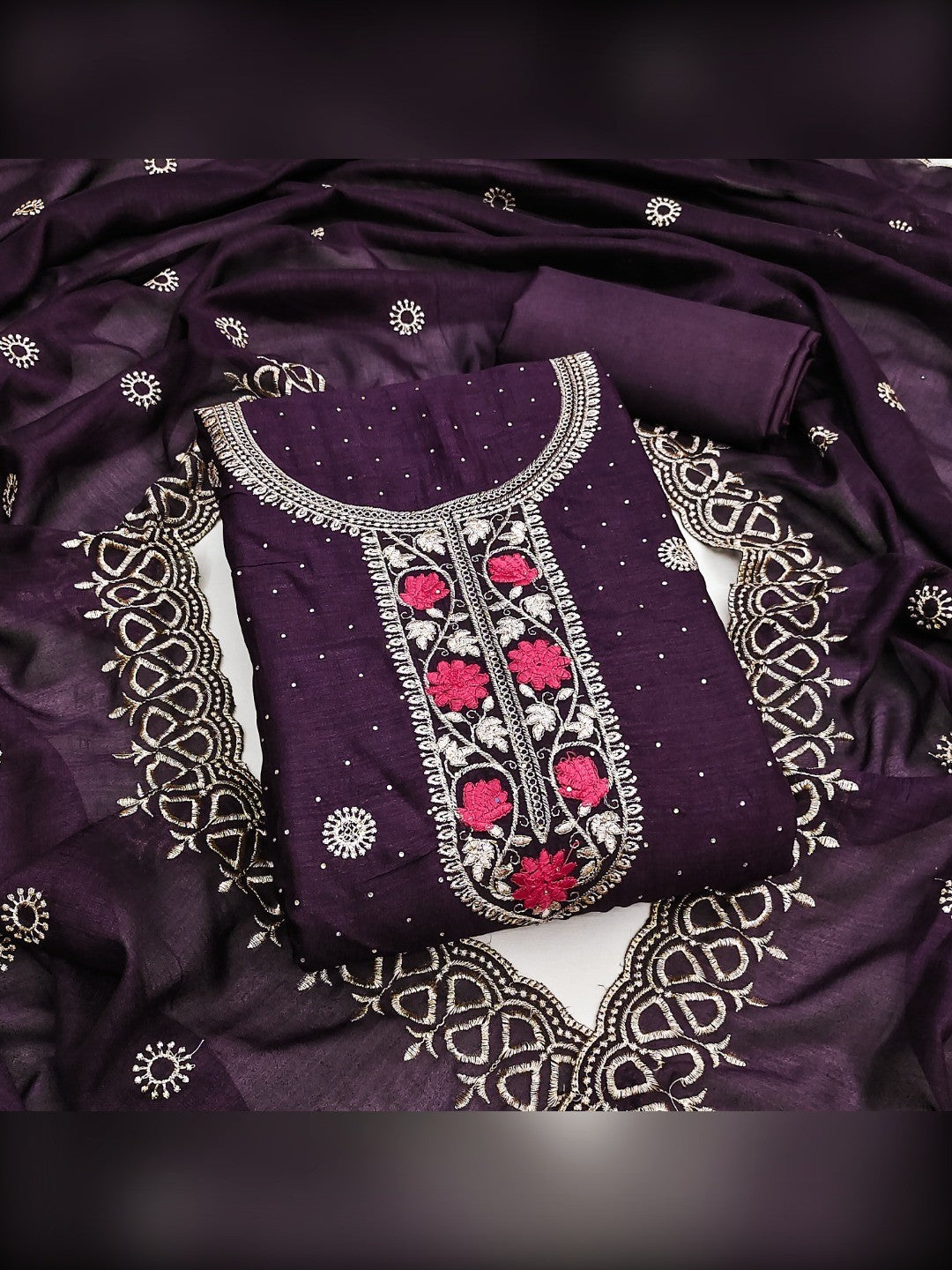 Charming Purple Floral Embroidery With Sparkling Diamond Work Vichitra Silk Dress Material - Image 1