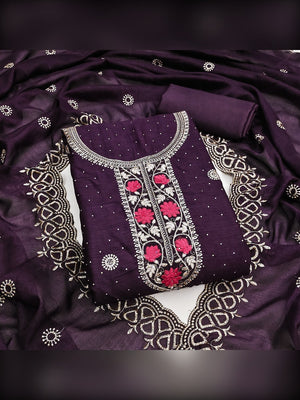 Charming Purple Floral Embroidery With Sparkling Diamond Work Vichitra Silk Dress Material - Image 1