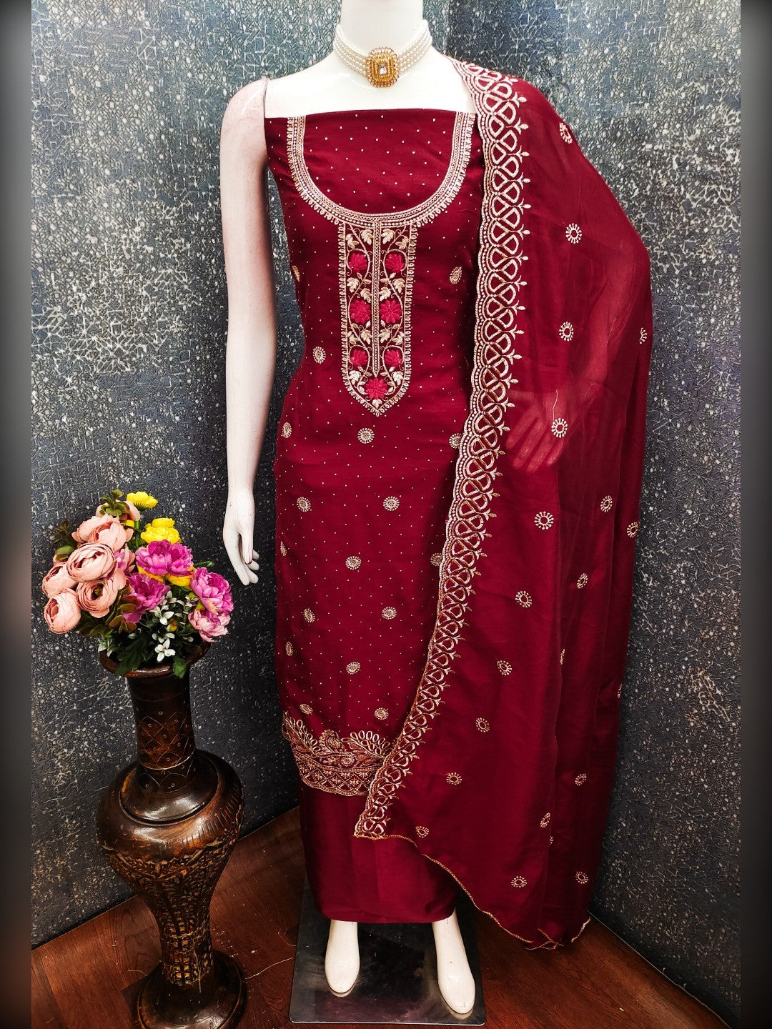 Charming Red Floral Embroidery With Sparkling Diamond Work Vichitra Silk Dress Material - Image 4
