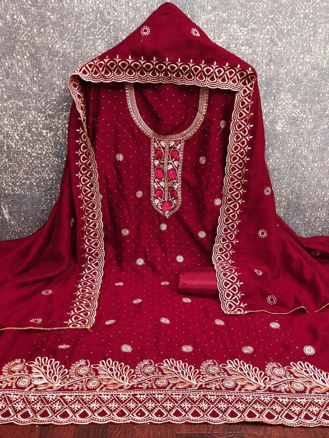 Charming Red Floral Embroidery With Sparkling Diamond Work Vichitra Silk Dress Material - Image 5