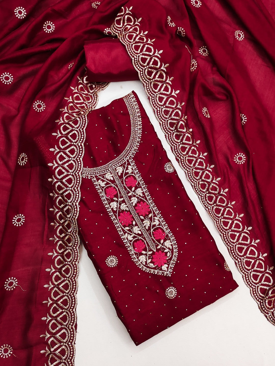 Charming Red Floral Embroidery With Sparkling Diamond Work Vichitra Silk Dress Material - Image 6