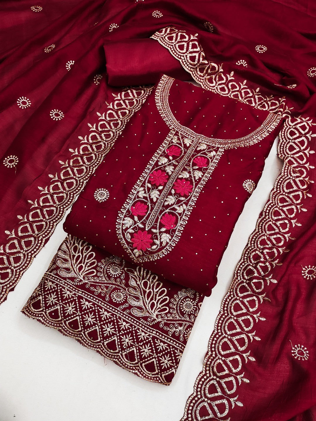 Charming Red Floral Embroidery With Sparkling Diamond Work Vichitra Silk Dress Material - Image 3