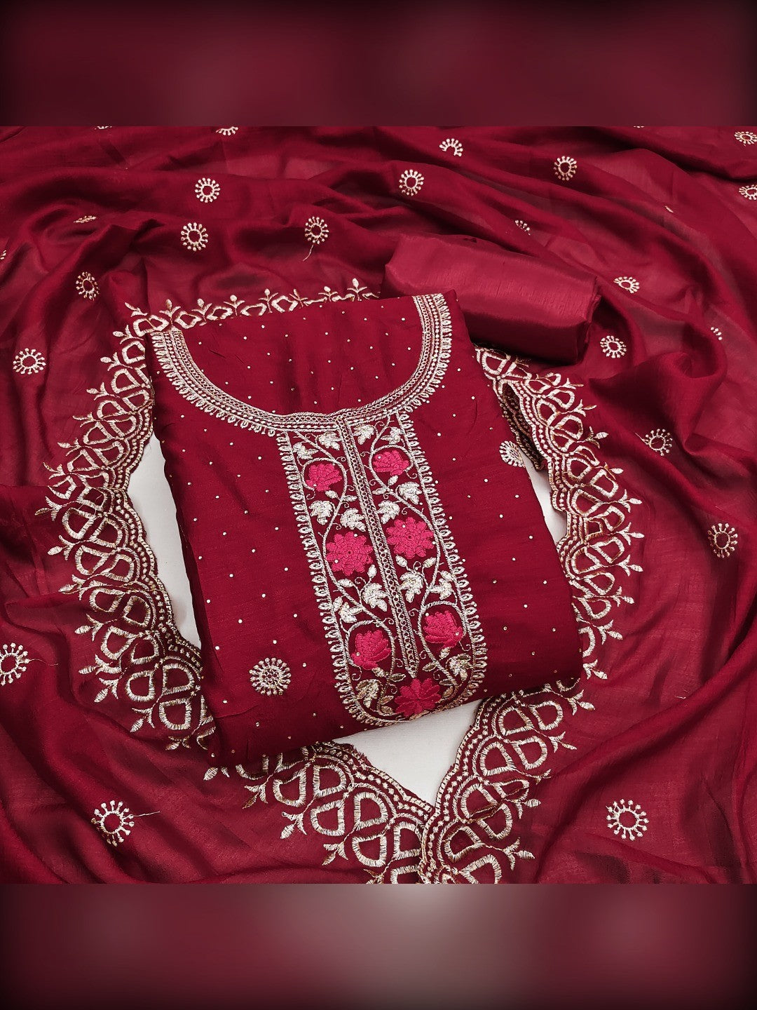 Charming Red Floral Embroidery With Sparkling Diamond Work Vichitra Silk Dress Material - Image 1