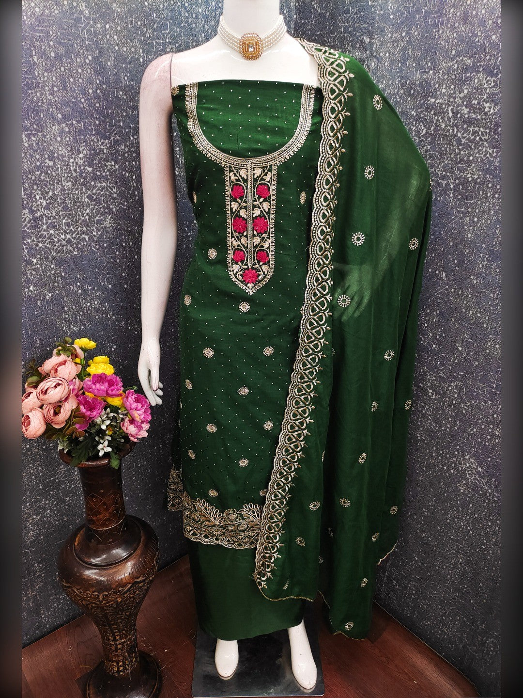 Charming Green Floral Embroidery With Sparkling Diamond Work Vichitra Silk Dress Material - Image 4