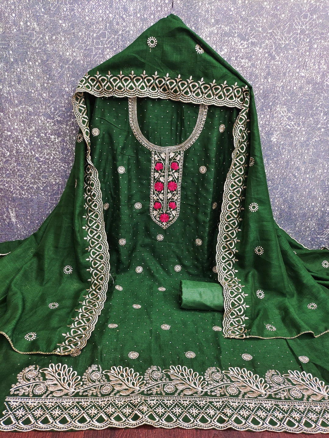 Charming Green Floral Embroidery With Sparkling Diamond Work Vichitra Silk Dress Material - Image 6