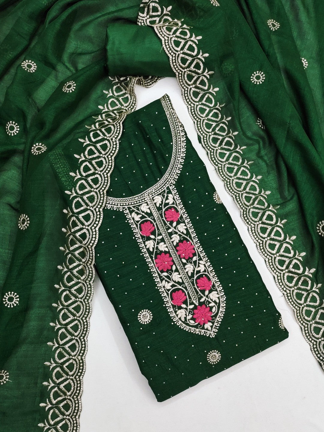 Charming Green Floral Embroidery With Sparkling Diamond Work Vichitra Silk Dress Material - Image 3