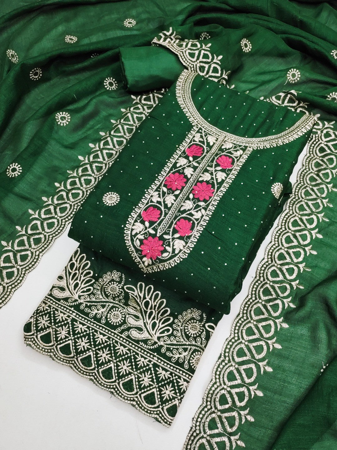 Charming Green Floral Embroidery With Sparkling Diamond Work Vichitra Silk Dress Material - Image 5