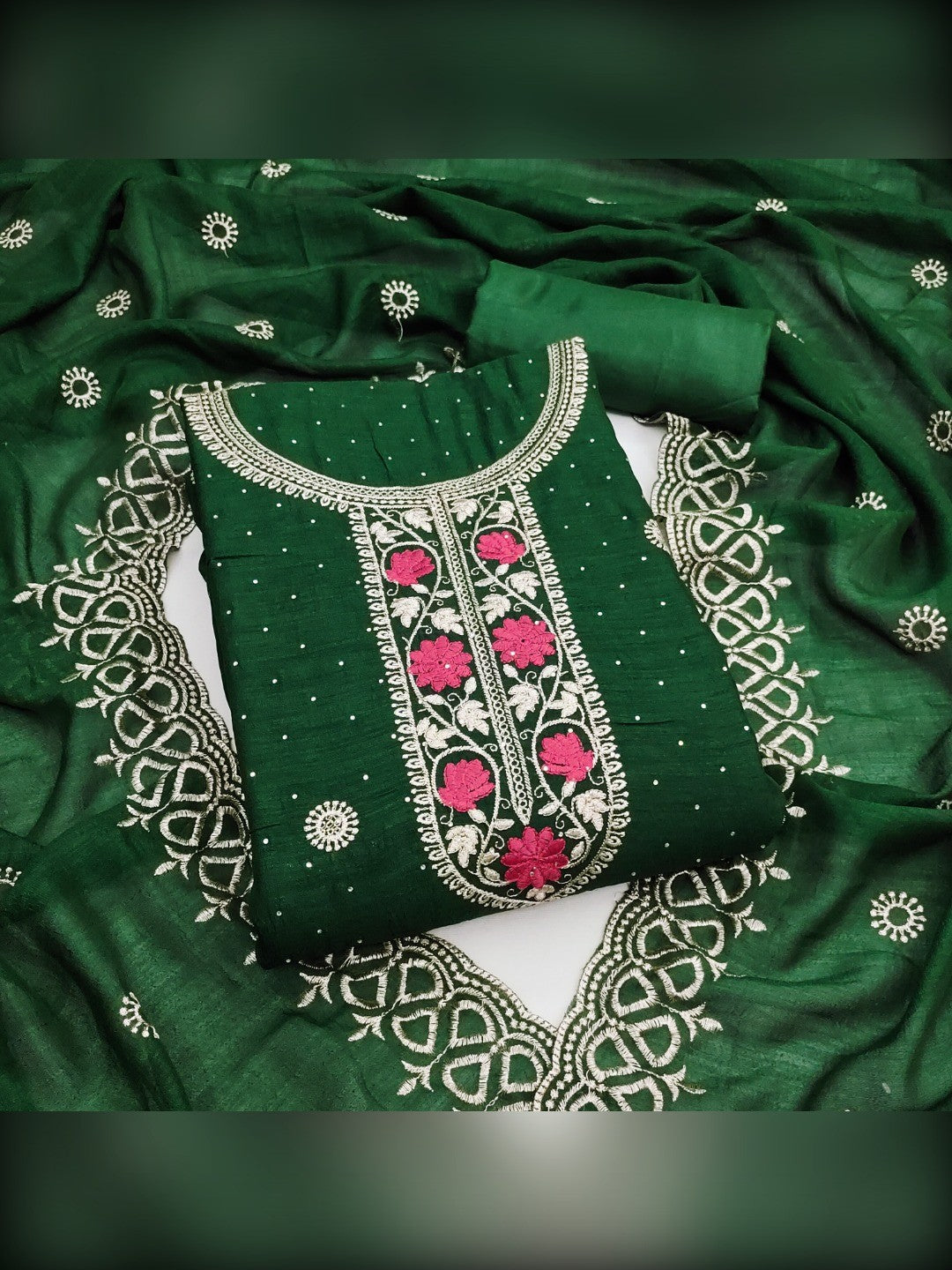 Charming Green Floral Embroidery With Sparkling Diamond Work Vichitra Silk Dress Material - Image 1
