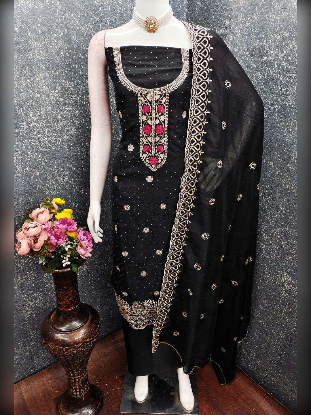 Charming Black Floral Embroidery With Sparkling Diamond Work Vichitra Silk Dress Material - Image 6