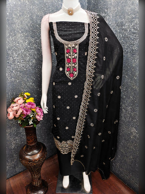 Charming Black Floral Embroidery With Sparkling Diamond Work Vichitra Silk Dress Material - Image 2