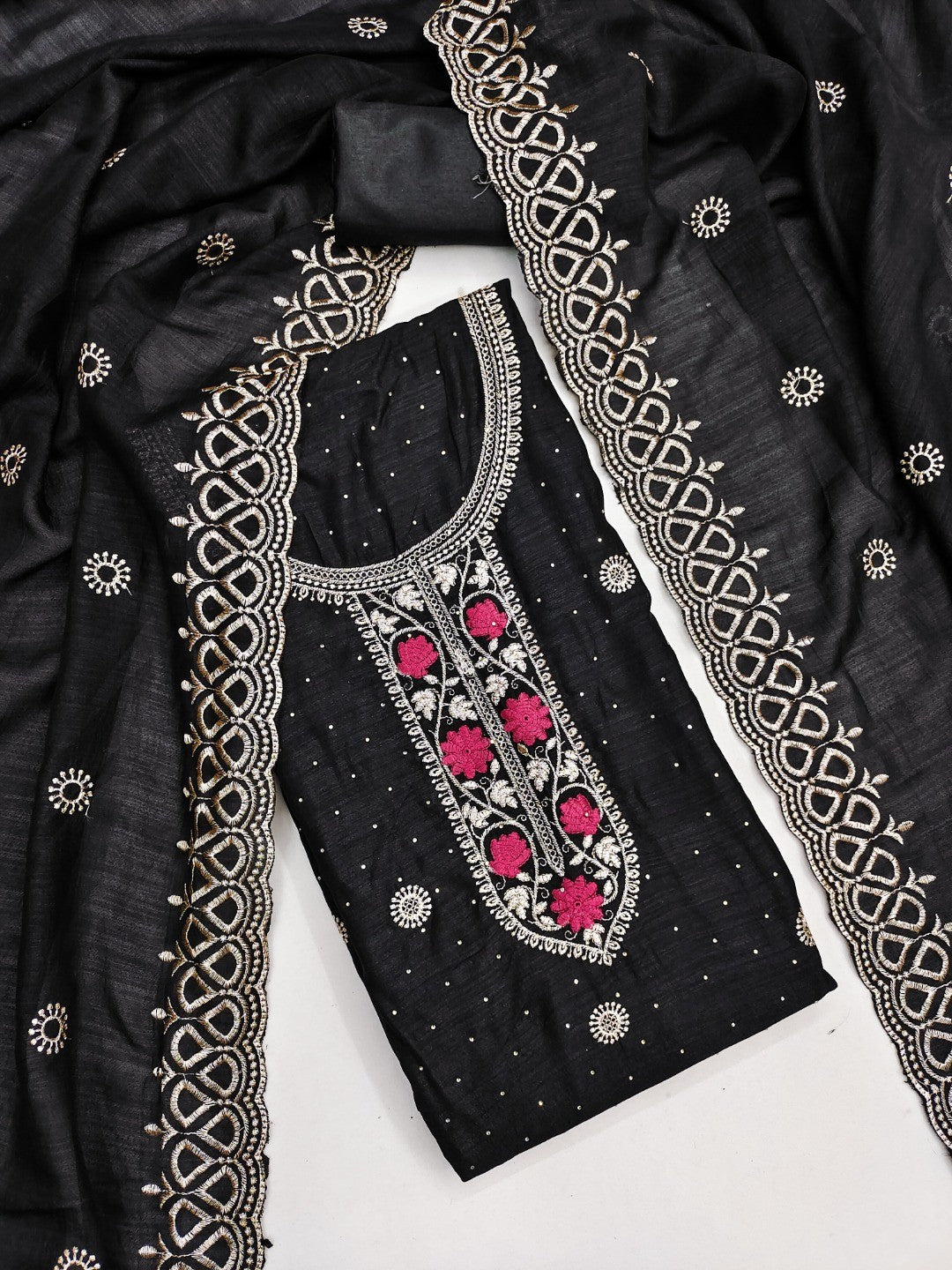 Charming Black Floral Embroidery With Sparkling Diamond Work Vichitra Silk Dress Material - Image 3