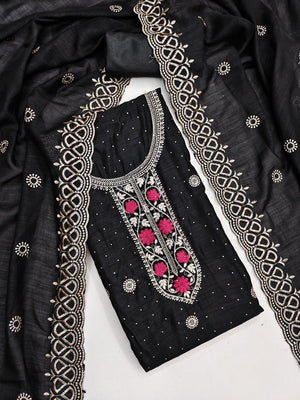 Charming Black Floral Embroidery With Sparkling Diamond Work Vichitra Silk Dress Material - Image 1