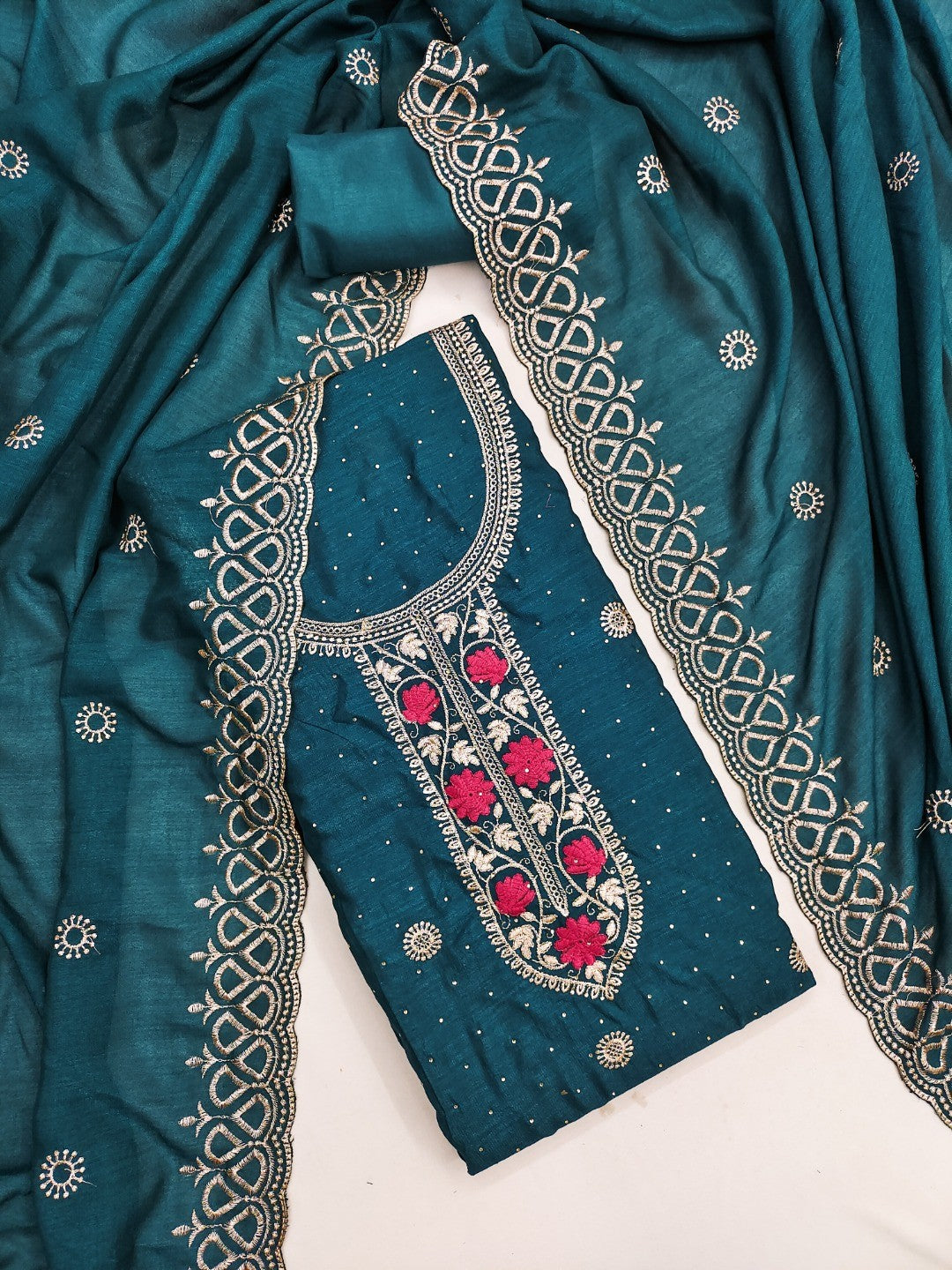Charming Teal Floral Embroidery With Sparkling Diamond Work Vichitra Silk Dress Material - Image 5