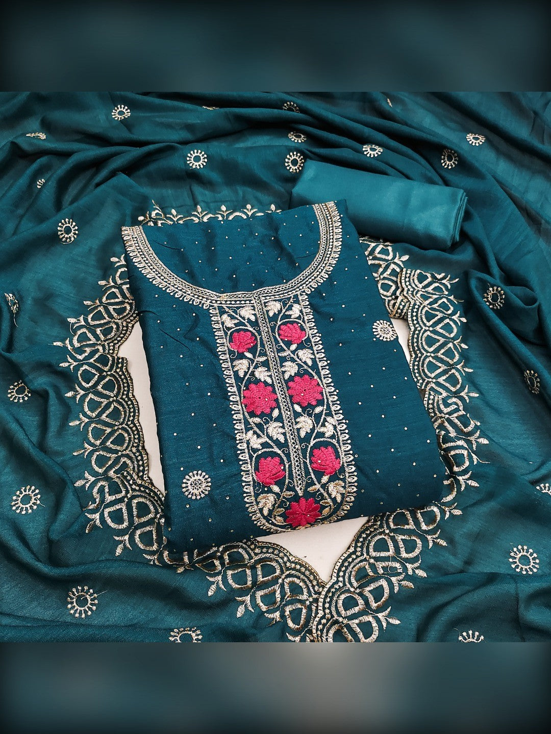 Charming Teal Floral Embroidery With Sparkling Diamond Work Vichitra Silk Dress Material - Image 6