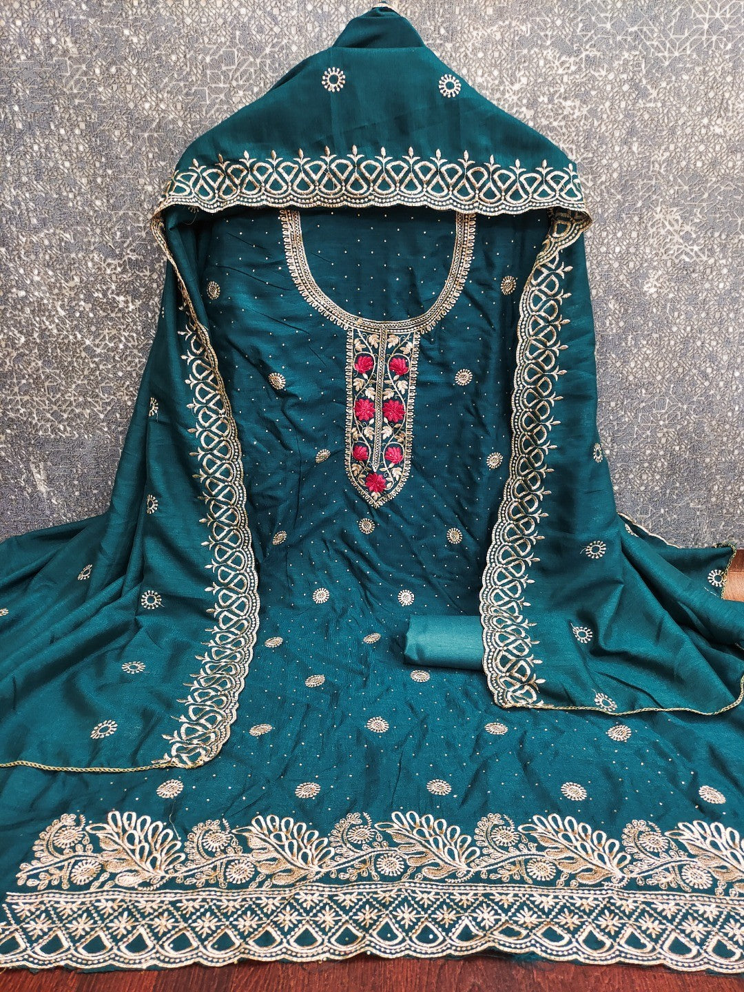 Charming Teal Floral Embroidery With Sparkling Diamond Work Vichitra Silk Dress Material - Image 4