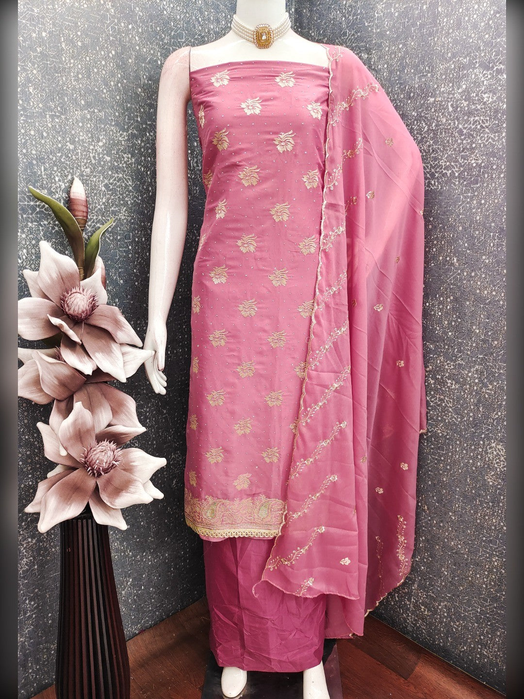 Stunning Pink Floral Embroidery With Diamond Work Georgette Dress Material - Image 4