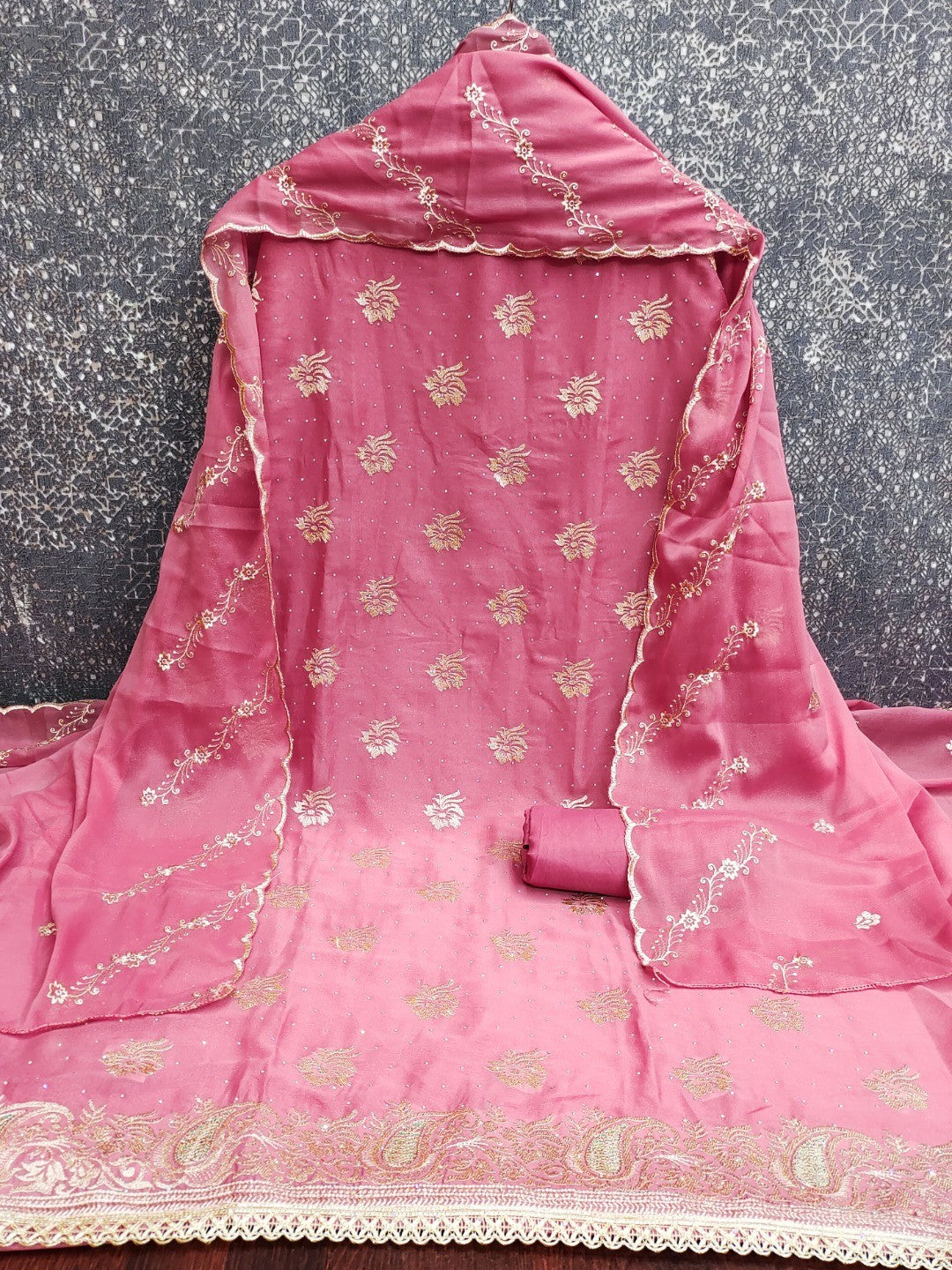 Stunning Pink Floral Embroidery With Diamond Work Georgette Dress Material - Image 6