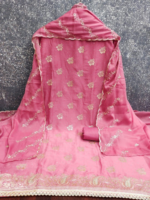 Stunning Pink Floral Embroidery With Diamond Work Georgette Dress Material - Image 2