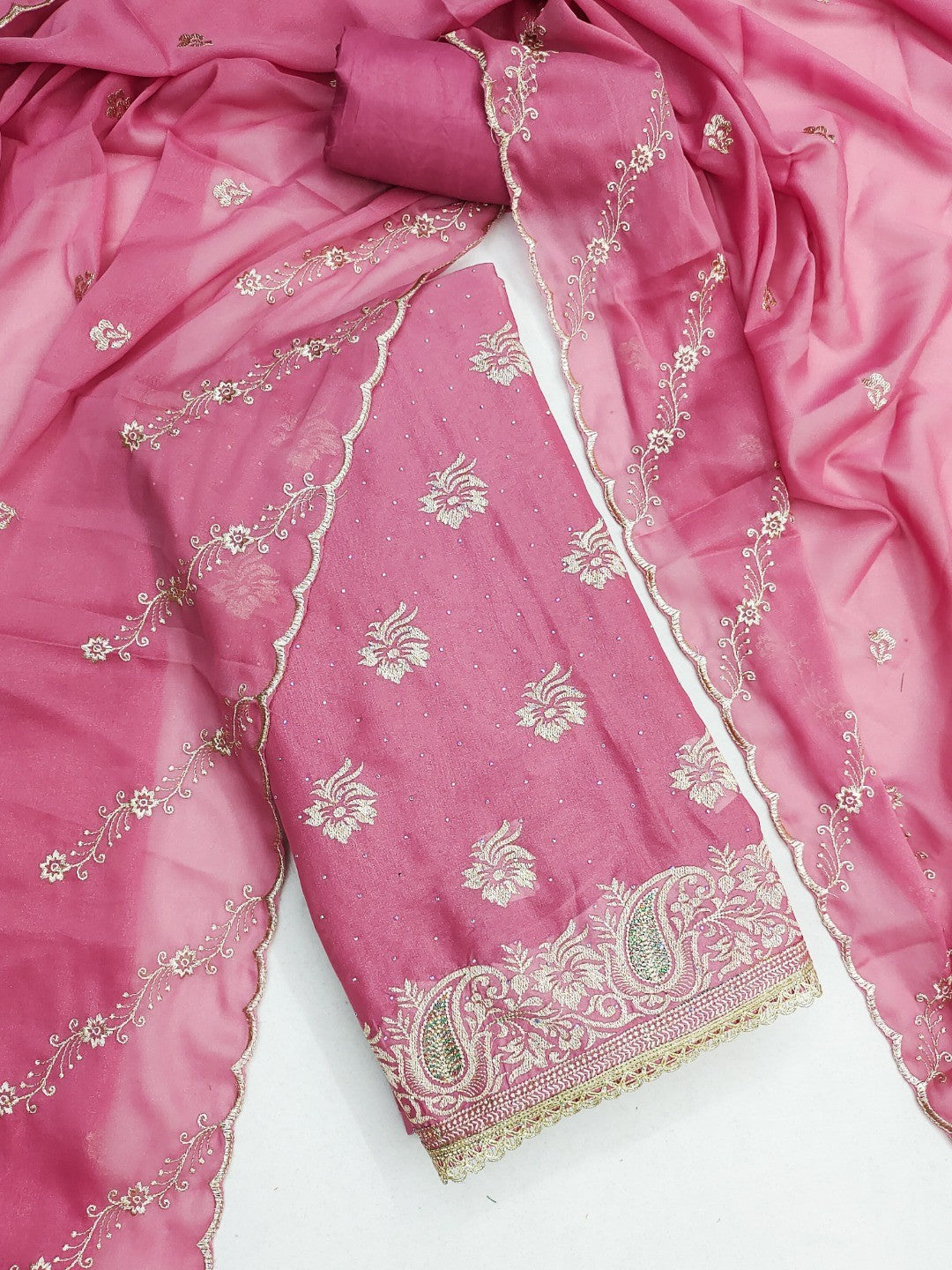 Stunning Pink Floral Embroidery With Diamond Work Georgette Dress Material - Image 5