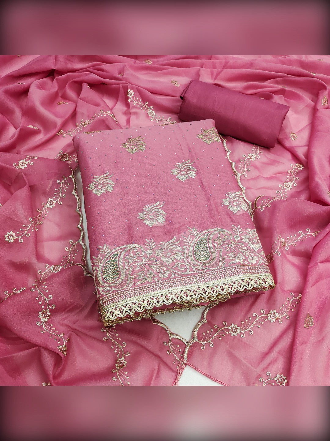 Stunning Pink Floral Embroidery With Diamond Work Georgette Dress Material - Image 3
