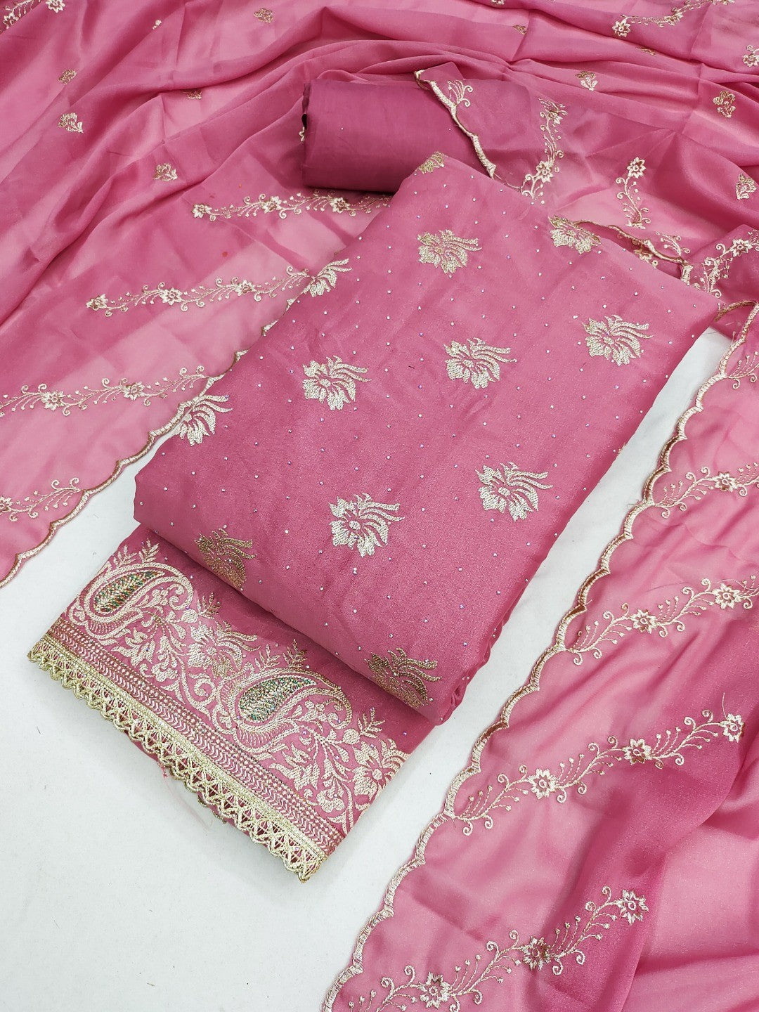 Stunning Pink Floral Embroidery With Diamond Work Georgette Dress Material - Image 1