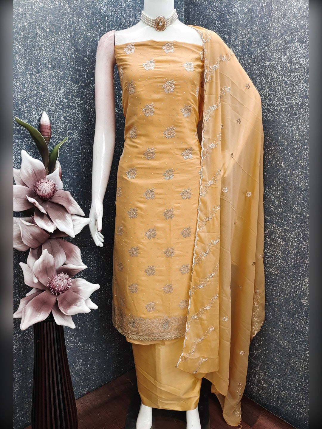 Stunning Chikoo Floral Embroidery With Diamond Work Georgette Dress Material - Image 6