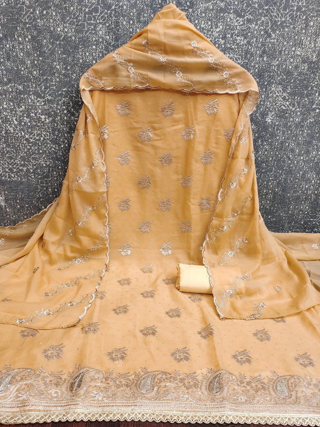 Stunning Chikoo Floral Embroidery With Diamond Work Georgette Dress Material - Image 3