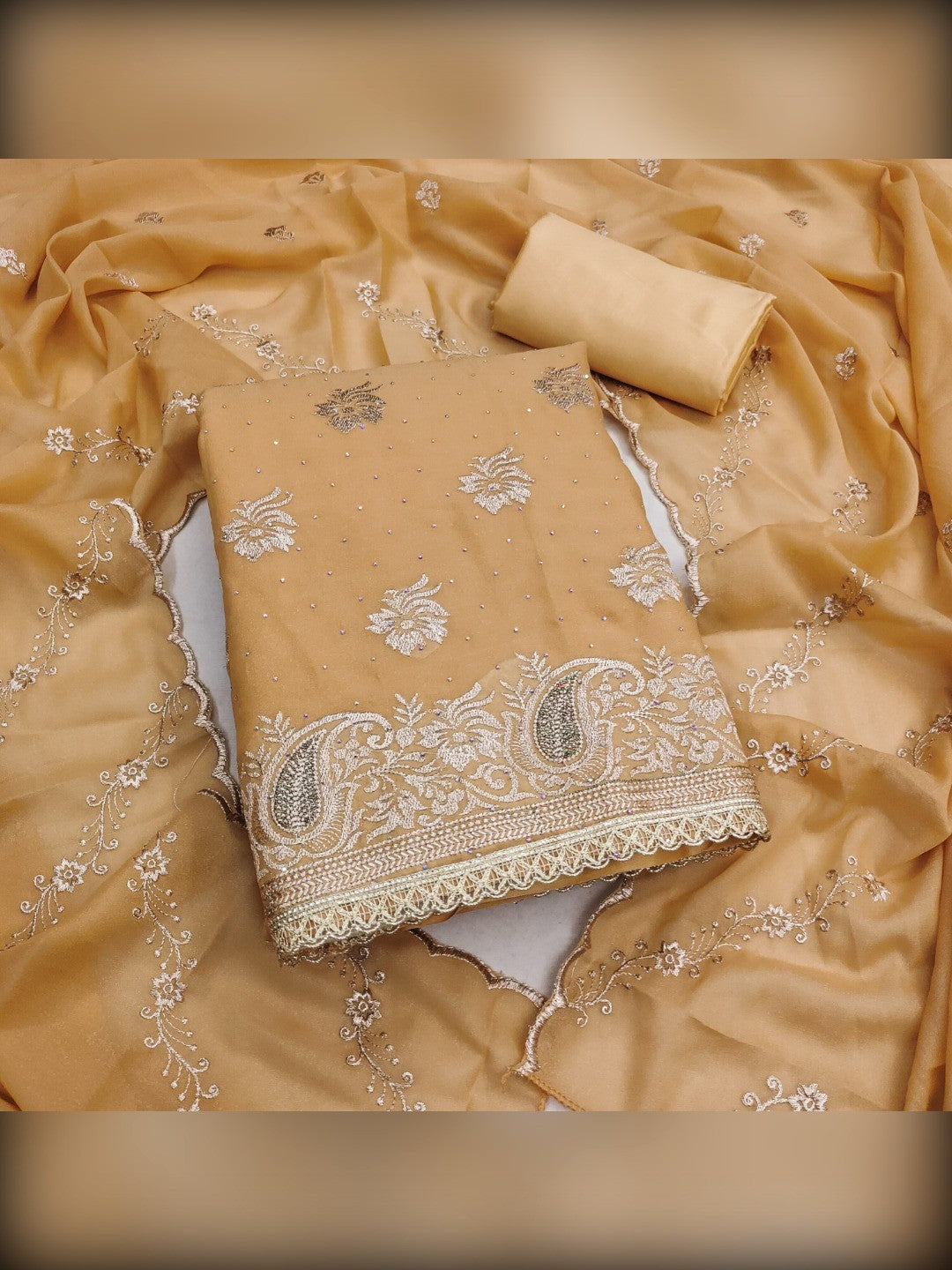 Stunning Chikoo Floral Embroidery With Diamond Work Georgette Dress Material - Image 4