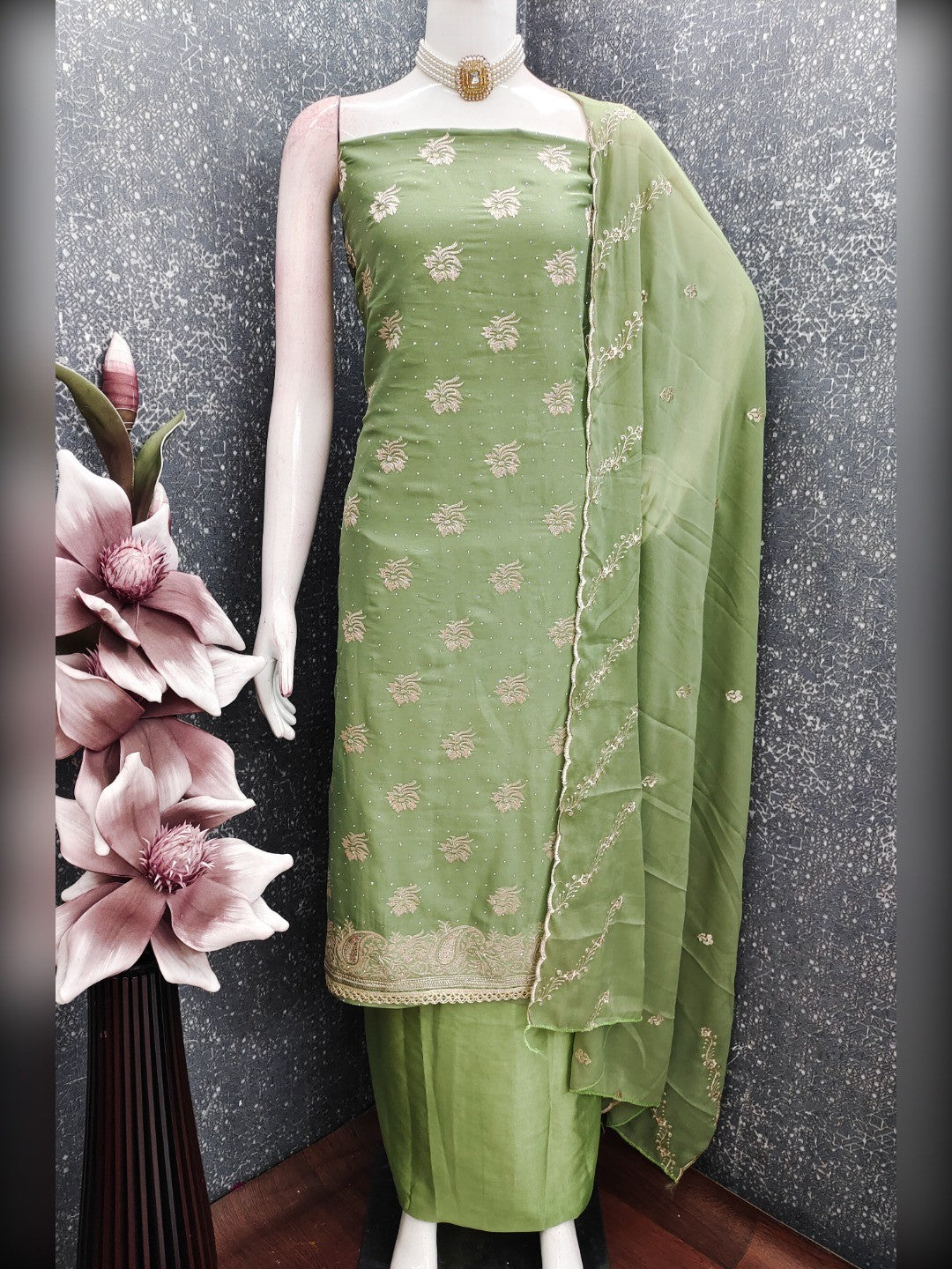 Stunning Green Floral Embroidery With Diamond Work Georgette Dress Material - Image 5