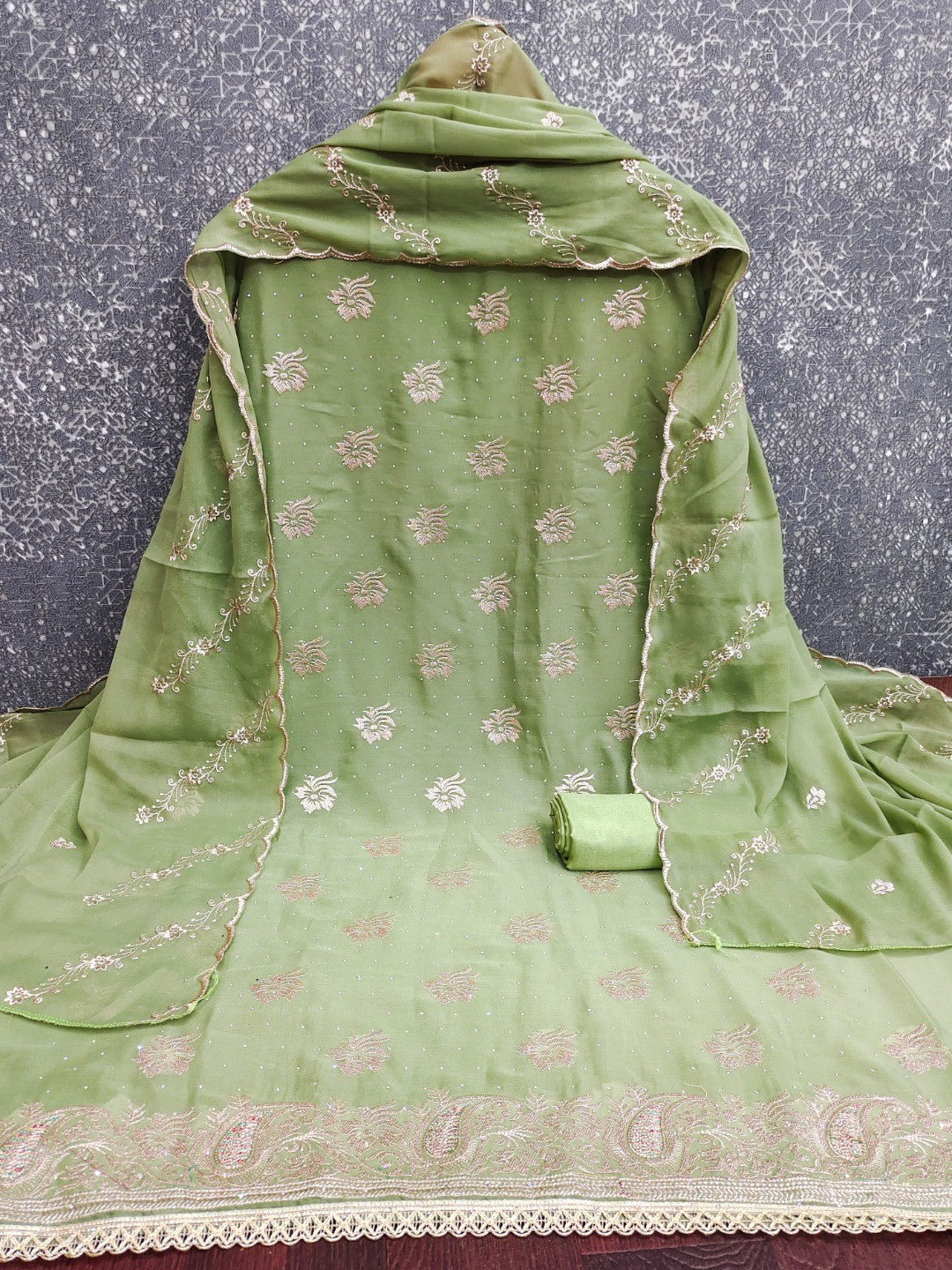 Stunning Green Floral Embroidery With Diamond Work Georgette Dress Material - Image 6