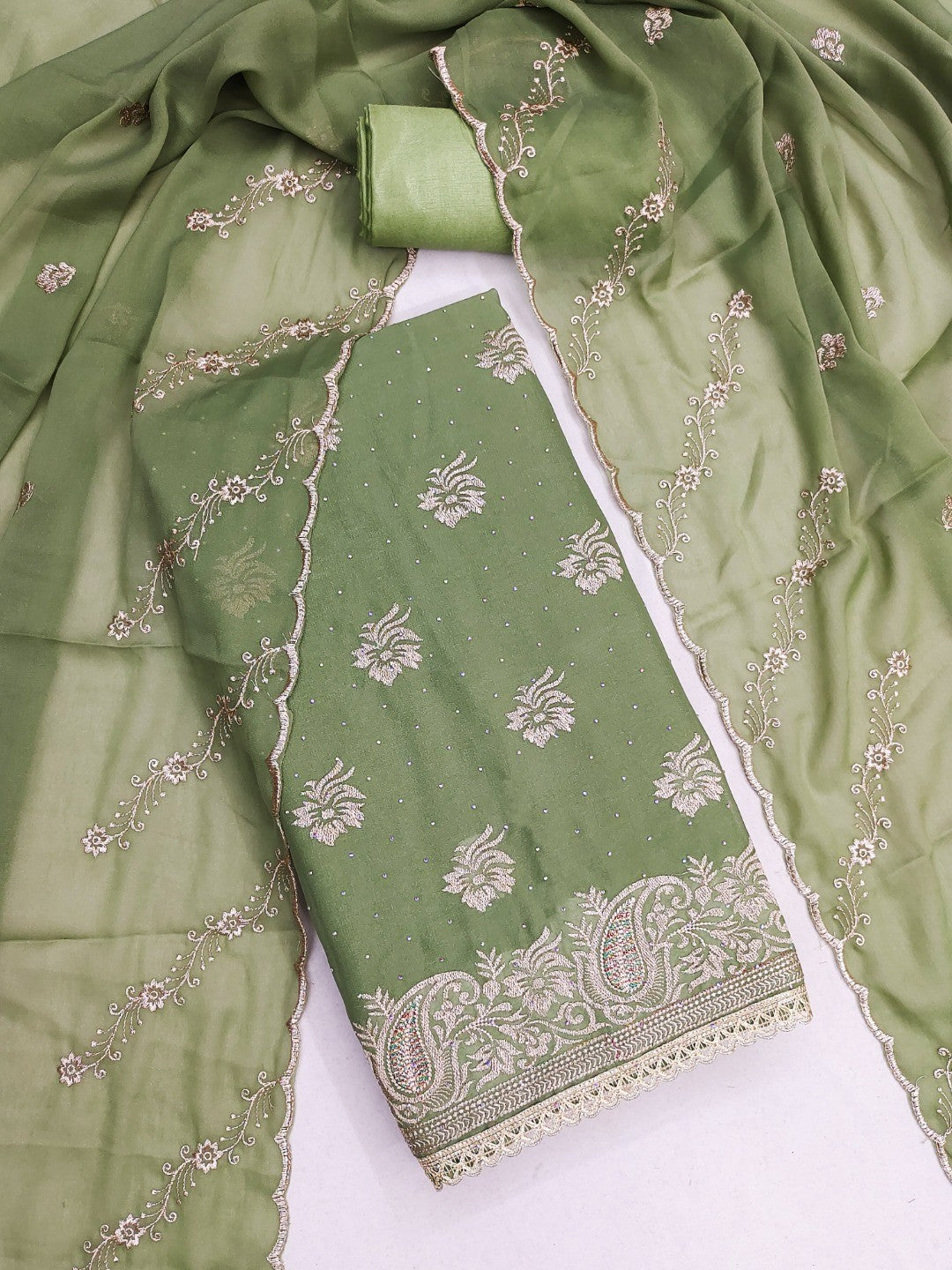 Stunning Green Floral Embroidery With Diamond Work Georgette Dress Material - Image 3