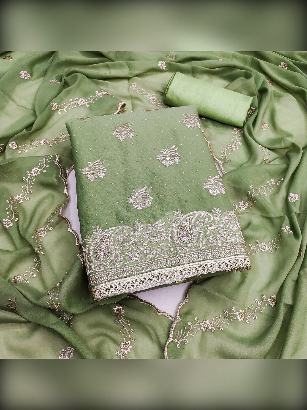 Stunning Green Floral Embroidery With Diamond Work Georgette Dress Material - Image 4