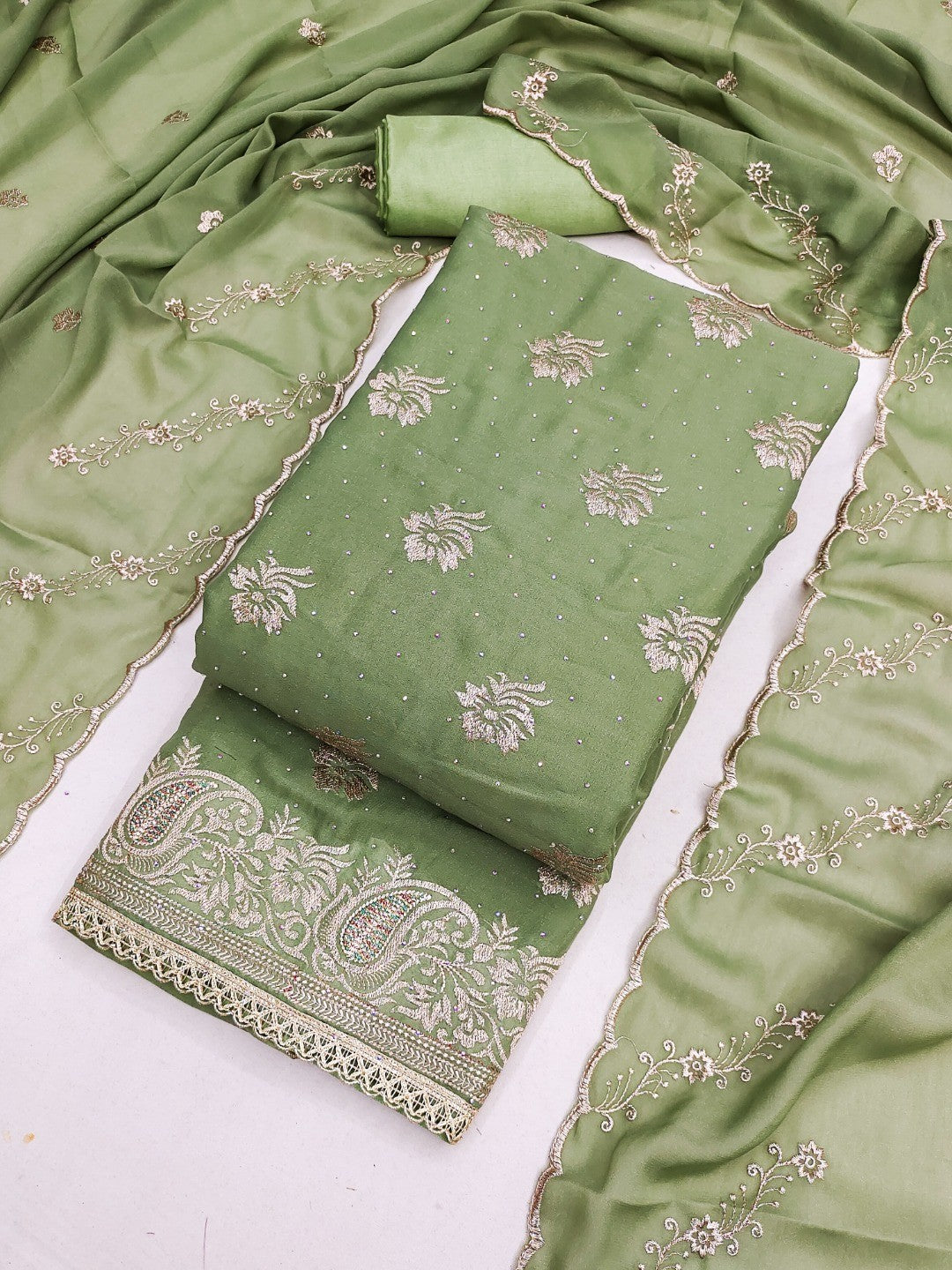 Stunning Green Floral Embroidery With Diamond Work Georgette Dress Material - Image 1