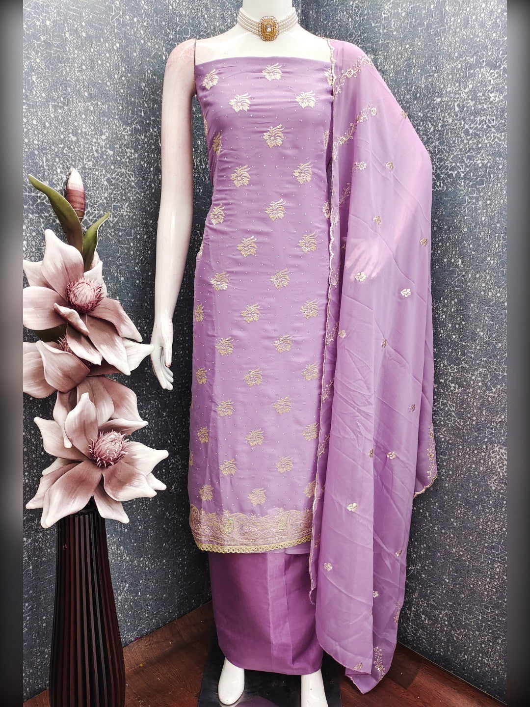 Stunning Lavender Floral Embroidery With Diamond Work Georgette Dress Material - Image 6
